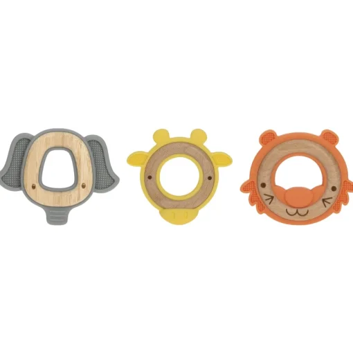 Nuby Houten en siliconen dierenbijtring – tijger & giraf & olifant – 3m+