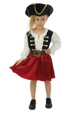 Kinderen Euro Shop Kinderkostuum piraat met hoed meisje- 3 delig - Blauw/rood - 10-12 jaar
