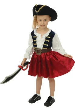 Kinderen Euro Shop Kinderkostuum piraat met hoed meisje- 3 delig - Blauw/rood - 3-4 jaar