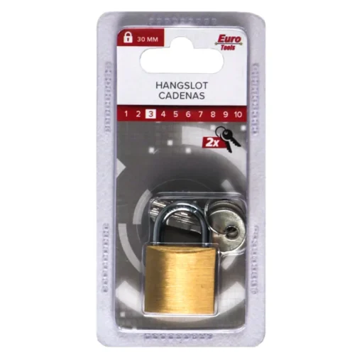 Euro Tools Messing hangslot 30 mm + 2 sleutels