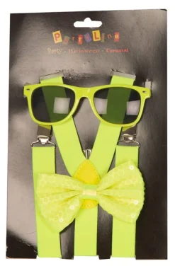 Partyline Set Neon Geel - Bretellen + Strik + Bril
