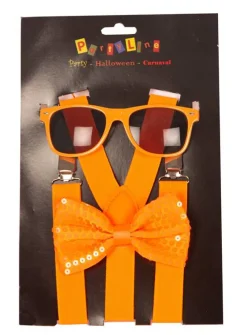 Partyline Set Neon Oranje - Bretellen + Strik + Bril